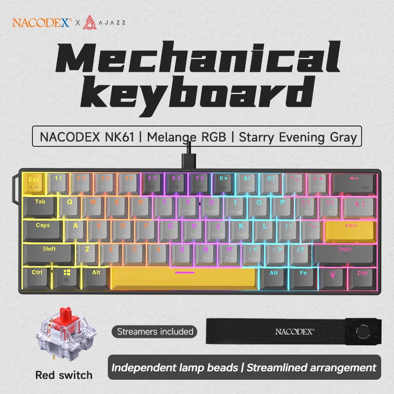 AJAZZ NK61 60% RGB Mechanical Gaming Keyboard – 61 Keys Hot-Swappable Red Switch Wired Mini Keyboard for Gaming & Desk Setup