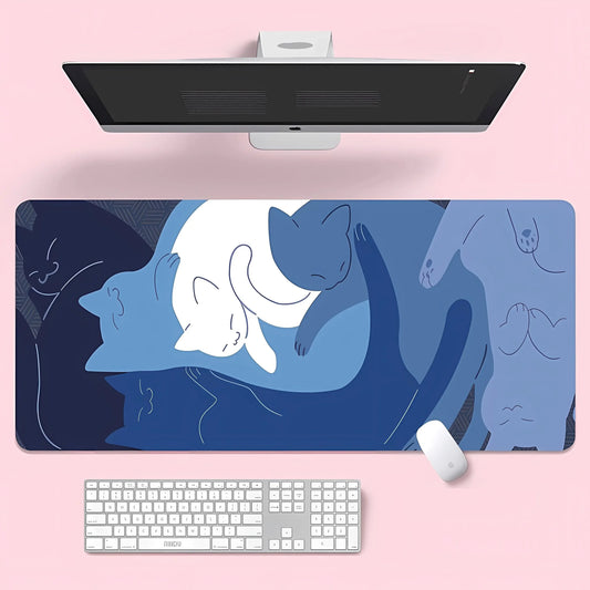 Cute Blue Cat XXL Gaming Mouse Pad – Kawaii Desk Mat