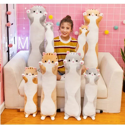 50cm Cute Cat Plush Pillow – Long Sleeping Cat Body Cushion (Pink, Brown, Grey) Soft Squishy Comfort Plush Toy for Kids & Gift