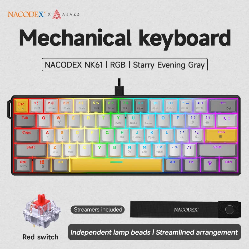 AJAZZ NK61 60% RGB Mechanical Gaming Keyboard – 61 Keys Hot-Swappable Red Switch Wired Mini Keyboard for Gaming & Desk Setup