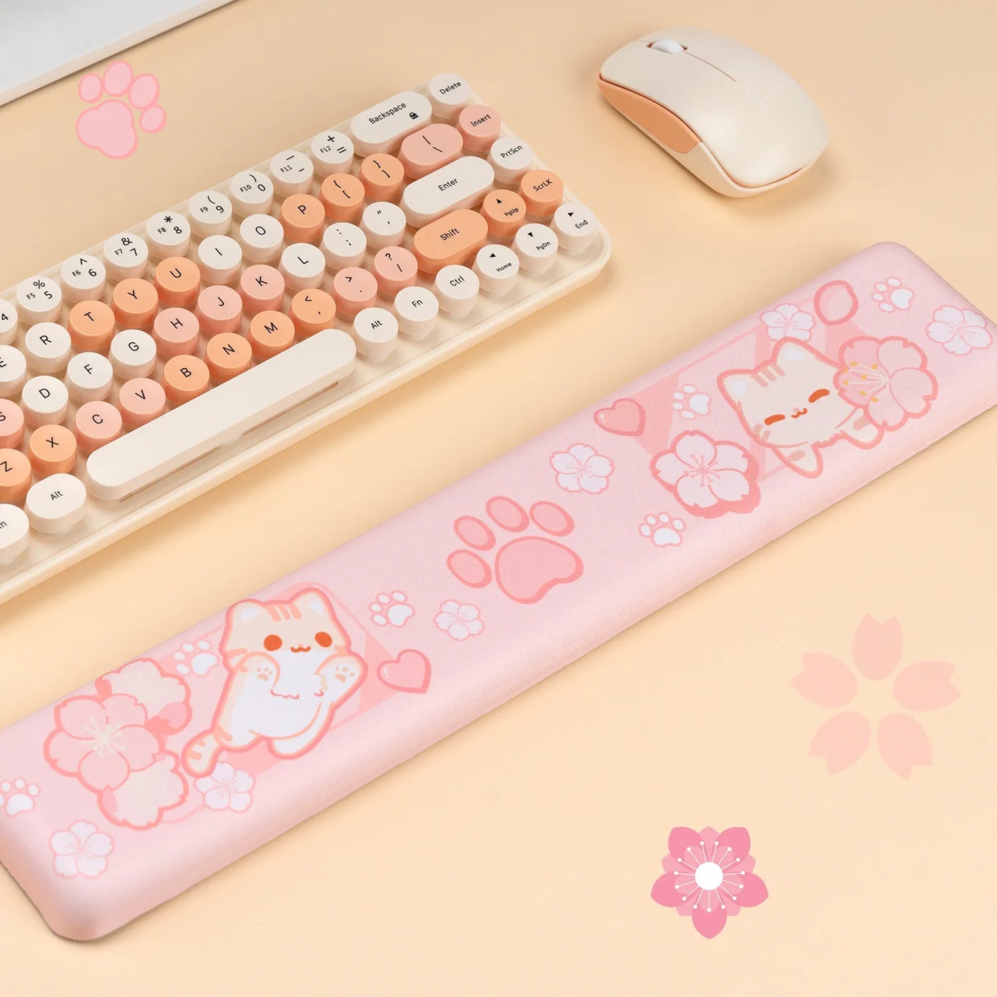 Sakura Cat Keyboard Wrist Rest & Mouse Pad Set – Ergonomic Gaming Desk Mat with Wrist Support for PC, Office & Cute Desk Setups