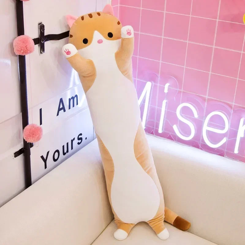 50cm Cute Cat Plush Pillow – Long Sleeping Cat Body Cushion (Pink, Brown, Grey) Soft Squishy Comfort Plush Toy for Kids & Gift