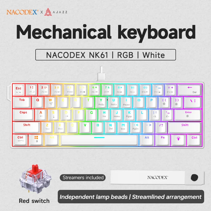 AJAZZ NK61 60% RGB Mechanical Gaming Keyboard – 61 Keys Hot-Swappable Red Switch Wired Mini Keyboard for Gaming & Desk Setup