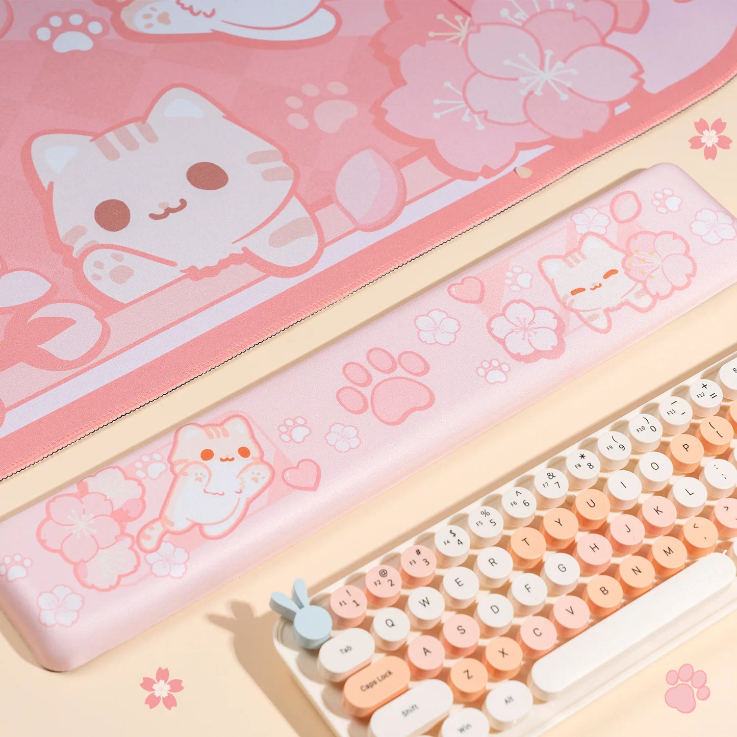 Sakura Cat Keyboard Wrist Rest & Mouse Pad Set – Ergonomic Gaming Desk Mat with Wrist Support for PC, Office & Cute Desk Setups