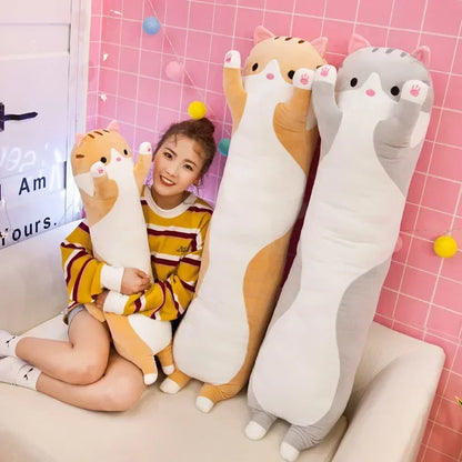 50cm Cute Cat Plush Pillow – Long Sleeping Cat Body Cushion (Pink, Brown, Grey) Soft Squishy Comfort Plush Toy for Kids & Gift