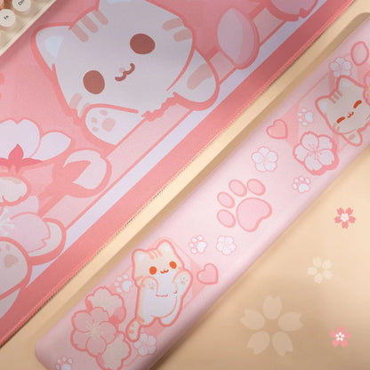 Sakura Cat Keyboard Wrist Rest & Mouse Pad Set – Ergonomic Gaming Desk Mat with Wrist Support for PC, Office & Cute Desk Setups