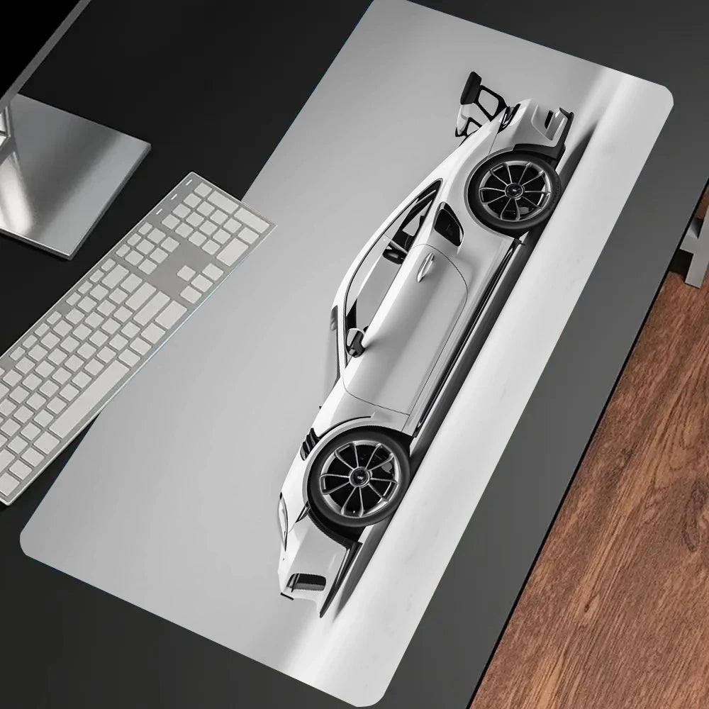 White Minimalist Sports Car Gaming Mouse Pad – Large Desk Mat with Stitched Edges