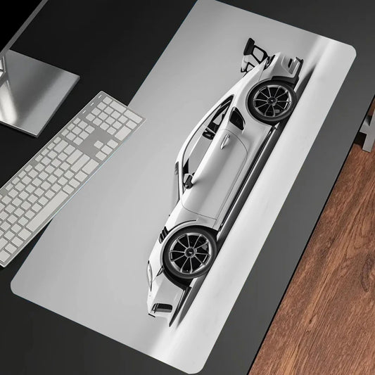 White Minimalist Sports Car Gaming Mouse Pad – Large Desk Mat with Stitched Edges