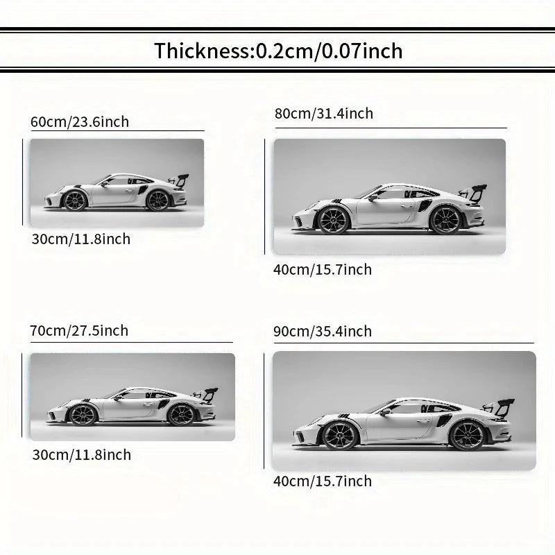 White Minimalist Sports Car Gaming Mouse Pad – Large Desk Mat with Stitched Edges
