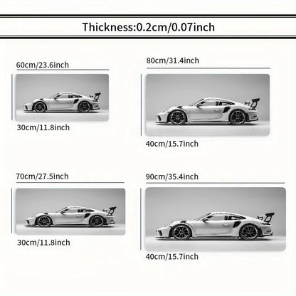 White Minimalist Sports Car Gaming Mouse Pad – Large Desk Mat with Stitched Edges