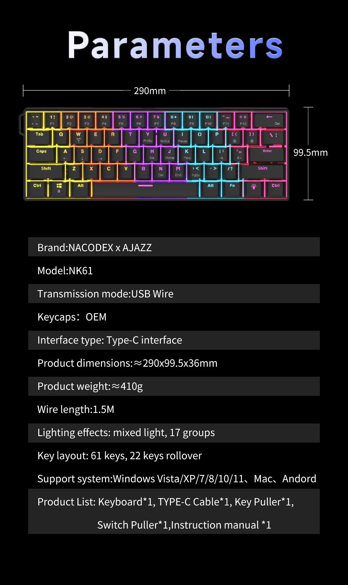 AJAZZ NK61 60% RGB Mechanical Gaming Keyboard – 61 Keys Hot-Swappable Red Switch Wired Mini Keyboard for Gaming & Desk Setup
