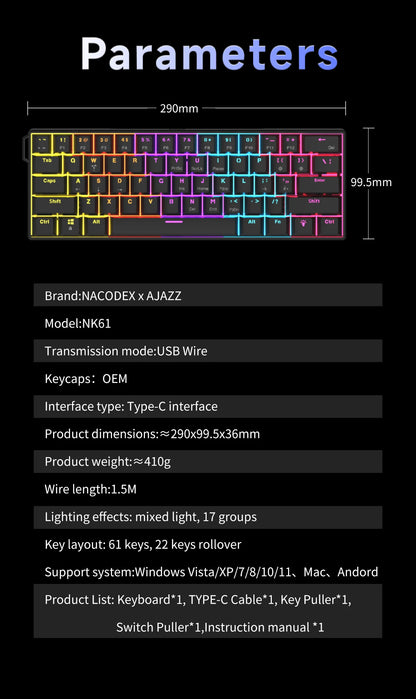 AJAZZ NK61 60% RGB Mechanical Gaming Keyboard – 61 Keys Hot-Swappable Red Switch Wired Mini Keyboard for Gaming & Desk Setup