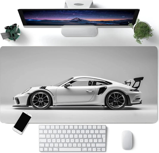 White Minimalist Sports Car Gaming Mouse Pad – Large Desk Mat with Stitched Edges