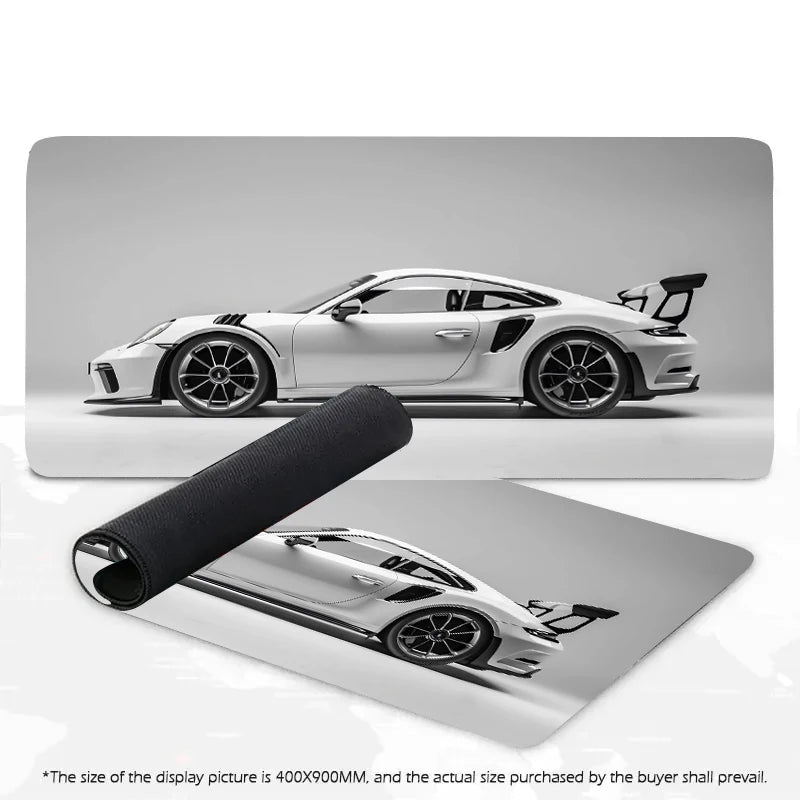 White Minimalist Sports Car Gaming Mouse Pad – Large Desk Mat with Stitched Edges