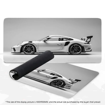 White Minimalist Sports Car Gaming Mouse Pad – Large Desk Mat with Stitched Edges