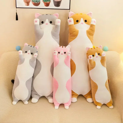50cm Cute Cat Plush Pillow – Long Sleeping Cat Body Cushion (Pink, Brown, Grey) Soft Squishy Comfort Plush Toy for Kids & Gift