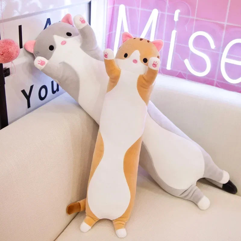 50cm Cute Cat Plush Pillow – Long Sleeping Cat Body Cushion (Pink, Brown, Grey) Soft Squishy Comfort Plush Toy for Kids & Gift