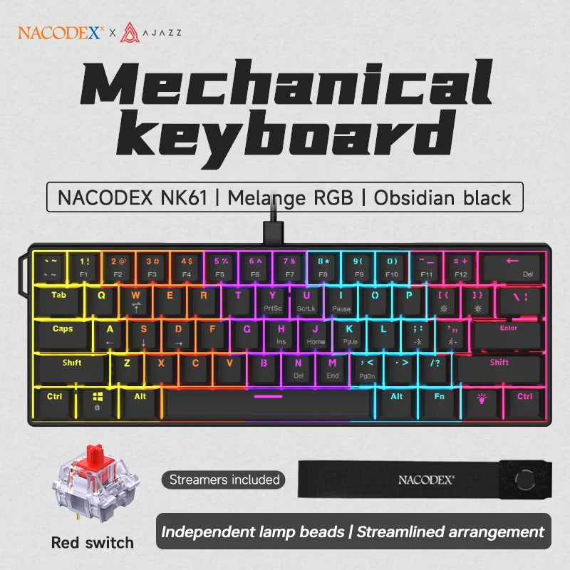 AJAZZ NK61 60% RGB Mechanical Gaming Keyboard – 61 Keys Hot-Swappable Red Switch Wired Mini Keyboard for Gaming & Desk Setup