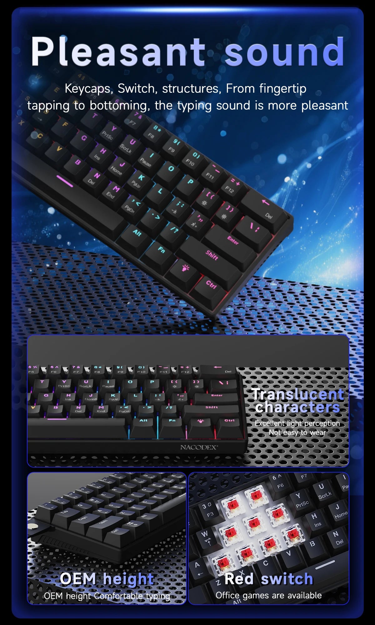 AJAZZ NK61 60% RGB Mechanical Gaming Keyboard – 61 Keys Hot-Swappable Red Switch Wired Mini Keyboard for Gaming & Desk Setup