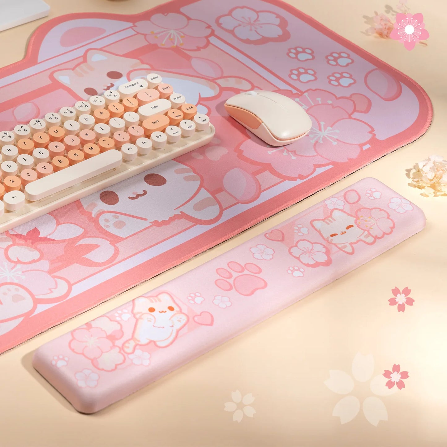 Sakura Cat Keyboard Wrist Rest & Mouse Pad Set – Ergonomic Gaming Desk Mat with Wrist Support for PC, Office & Cute Desk Setups