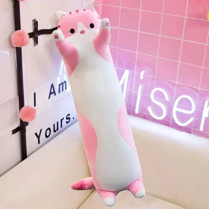 50cm Cute Cat Plush Pillow – Long Sleeping Cat Body Cushion (Pink, Brown, Grey) Soft Squishy Comfort Plush Toy for Kids & Gift