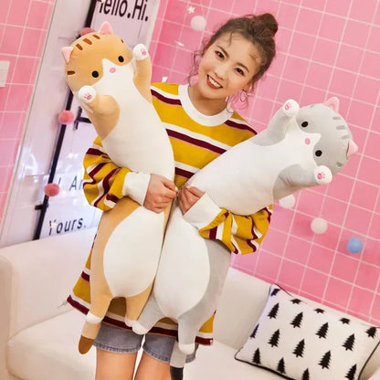 50cm Cute Cat Plush Pillow – Long Sleeping Cat Body Cushion (Pink, Brown, Grey) Soft Squishy Comfort Plush Toy for Kids & Gift