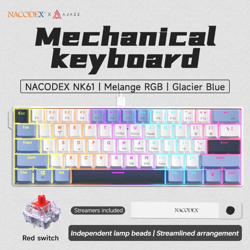 AJAZZ NK61 60% RGB Mechanical Gaming Keyboard – 61 Keys Hot-Swappable Red Switch Wired Mini Keyboard for Gaming & Desk Setup